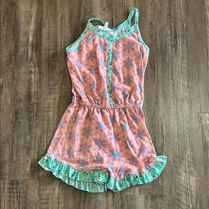 Matilda Jane Pink Floral Romper with Mint Trim